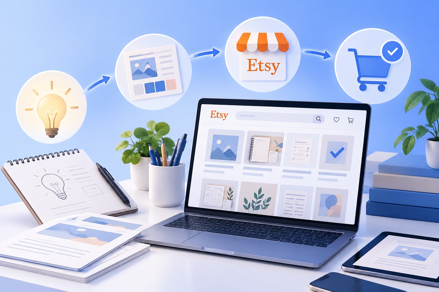Lista de verificação para configurar uma loja Etsy num portátil, com um caderno com passos como escolher o nome da loja, configurar pagamentos e adicionar políticas