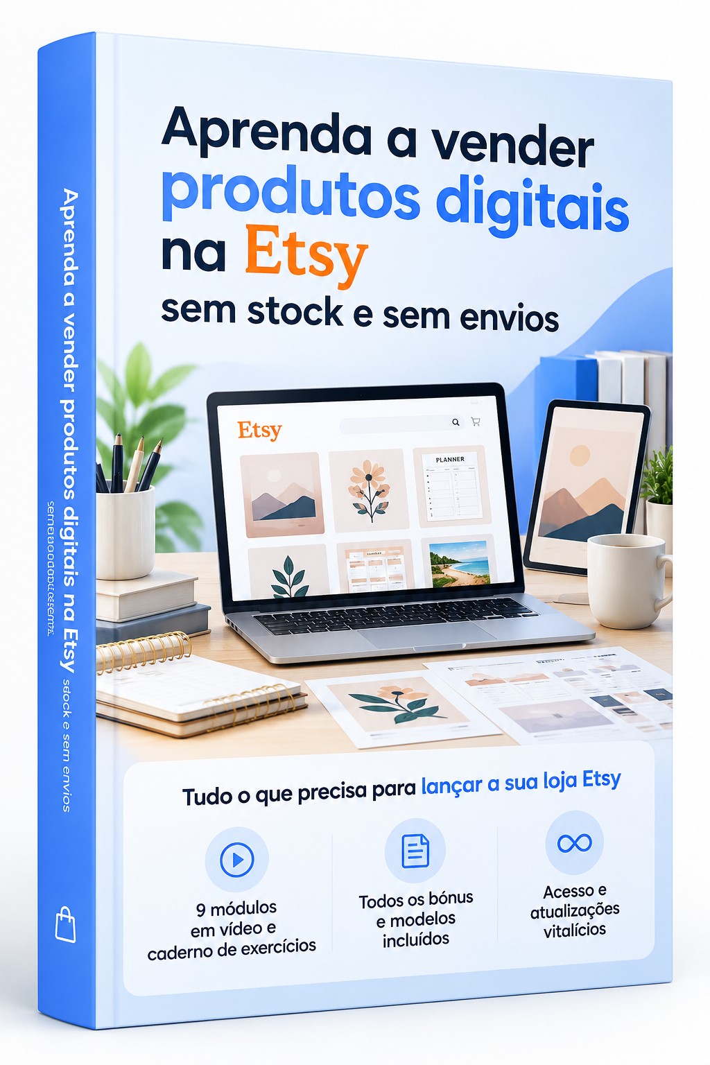 Capa do ebook com um portátil com uma loja Etsy de planners imprimíveis, ícones de tipos de ficheiro e um tablet numa secretária