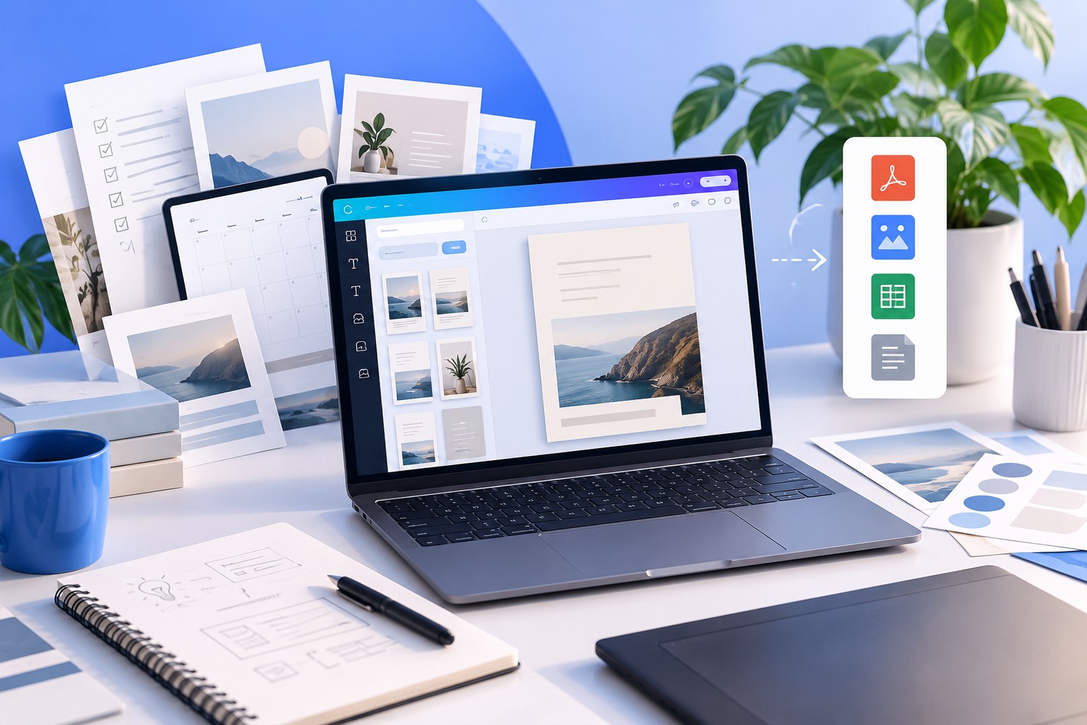 Ícones do Canva, Notion, Procreate e Google Sheets que levam a um design num portátil, com opções de exportação em PDF, PNG e ligação