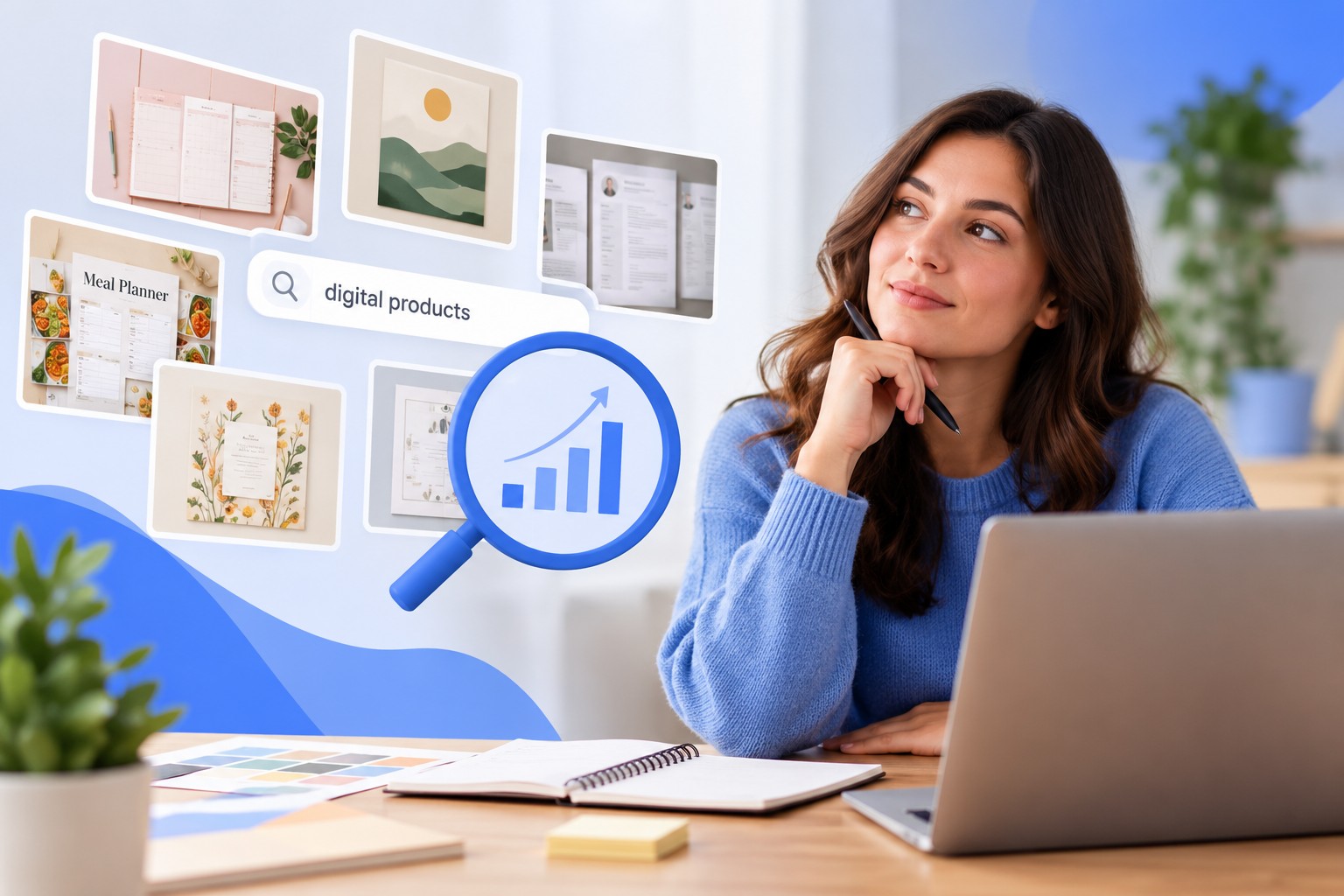 Mulher a planear o seu nicho num quadro branco, com exemplos de pesquisas na Etsy como planner de orçamento, impressões de arte de parede e registo de hábitos
